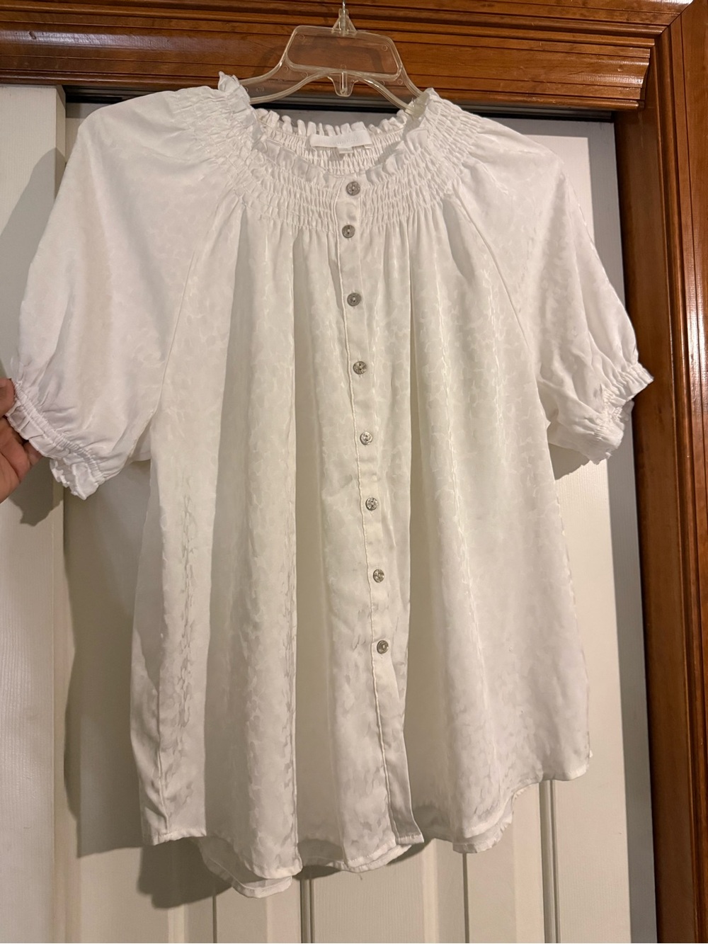 Adyson Parker White Smocked-Neck Button Down Blouse